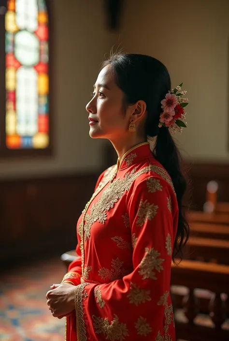 50-year-old Thai woman wearing beautiful dress to church