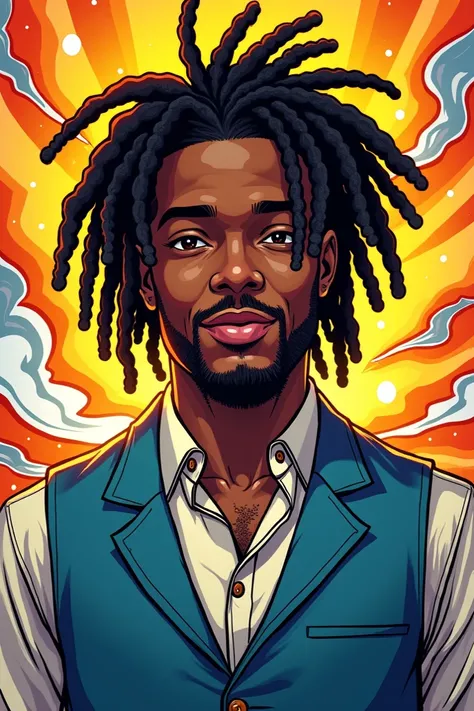 Create a man, Young, negro, com Dreadlocks, wearing a shirt and a blue suit vest in the comic book art style