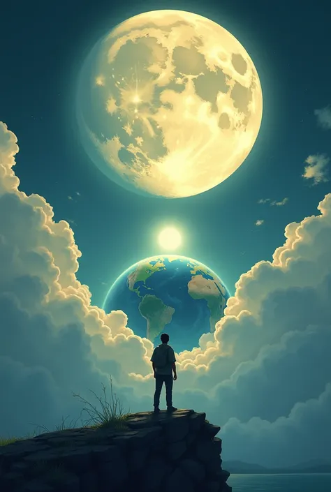 The moon looking at the earth that looking at the sun, the picture be the moon perspective and make it easy to draw 