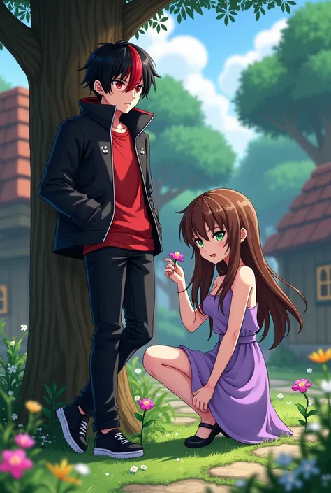 Red-eyed boy, half black and half red hair, black jacket and red shirt .  accompanied by a girl with green eyes ,  long curly brown hair, wearing a sexy lilac dress . The boy is standing leaning against a fir tree and the girl is squatting picking flowers ...