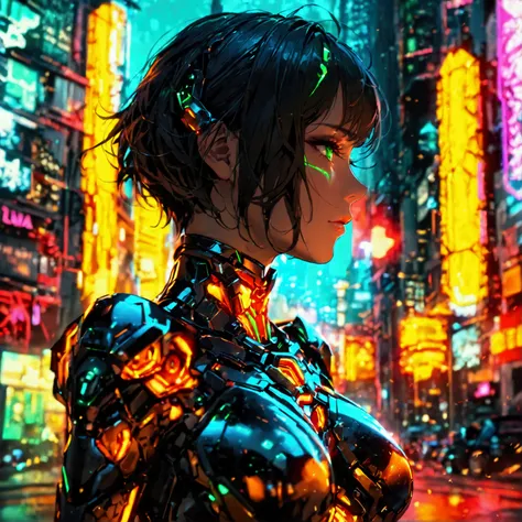 a woman with a scorpion exoskeleton bodysuit, futuristic woman, solo, short hair, scorpion motif bodysuit, black and neon green bioluminescent body lines, futuristic city, neon, cowboy shot, (best quality,8k,highres,masterpiece:1.2),ultra-detailed,intricat...