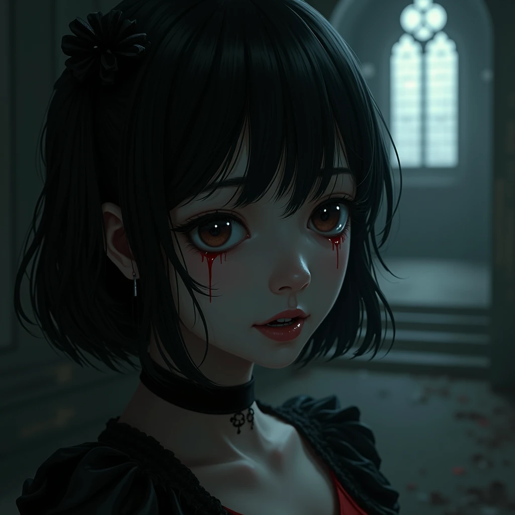 a girl, black short hair, vampire suit, in the abandoned church, mouth close up, cry blood, sad face, vampire fang, low light, realistic, asian