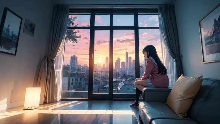 Anime girl sitting on a couch looking out a window at a cat,  Lo-Fi portrait by the window , Gazing at the Sunset. Anime, by alena aenami, Lofi Art, inspired by alena aenami, Cozy Wallpaper,  inspired by Cyril Rolando , Lofi Artstyle, Anime art wallpaper 8...