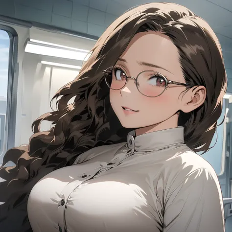 1 female, mature lady, (smiling:0.2), ((sad expression)) , very long wavy dark-brown hair, long eyelashes, brown eyes, large breasts, eyeglasses, white buttoned shirt, (in a hospital room), (half-body image:1.3), masterpiece, ultra HD, anime style, (my her...