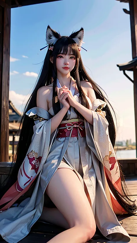 1 girl、long hair、bell,、 bare shoulders、 clevis、 fox ears、 hair image 、 hair ornament 、japanese clothing、kimono、tail、fox tail、fac...