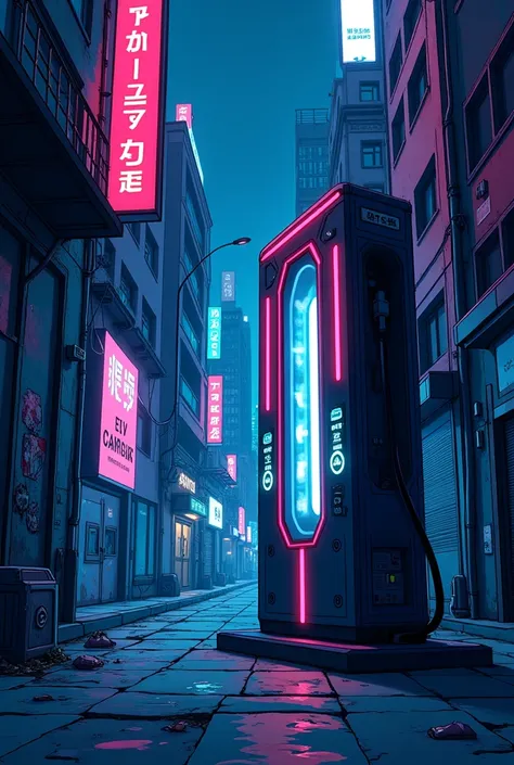 Generate image: "A dark cartoon illustration of a futuristic EV charging station in a neon-lit alleyway."
