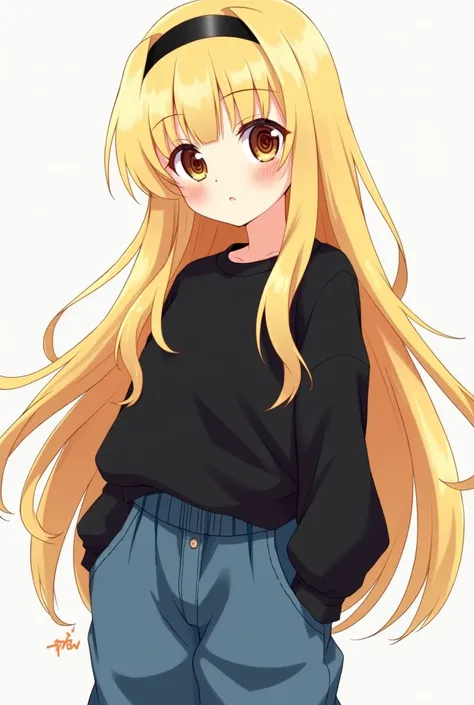 anime girl, long hair and blonde ,  with the top of the hair on the head in the color black ,  eyes in brown color with a spiral in place of the pupils of the eyes, black sweatshirt,  has very big  ,  jeans