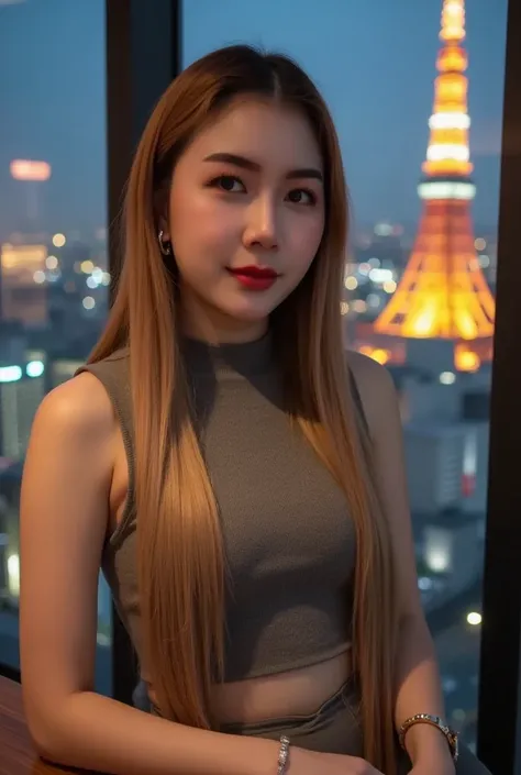 25-year-old Korean girl, 4K masterpiece, clear focus, beautiful face (natural light, beautiful light), night light, long hair, gray sleeveless crop top, gray mini skirt, Tokyo Tower view, full body