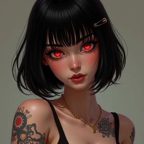 solo,  Realistic anatomy,  high definition ,  In detail,  high detail,  high quality, Bob haircut,  Black hair , bang,  big breasts , temptation, Flirting,  protruding tongue , Disobedience,  A birthmark under the eye , shining eyes,  Half-closed eyes ,  E...