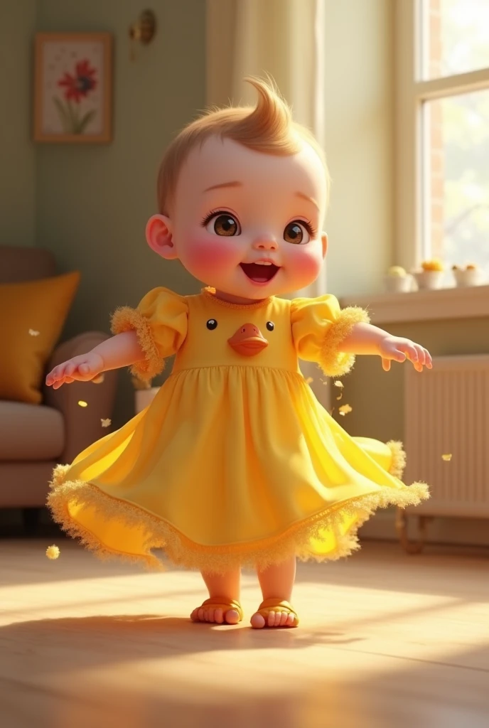 Cute baby wearing yellow duck frock realistic  baby dancing 