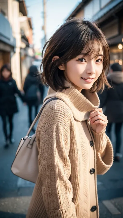 highest quality、genuine、Super detailed、finely、High resolution、8k wallpaper、one beautiful japanese woman Walking  through the scramble intersection.、light brown disheveled hair、sharp focus、perfect dynamic composition、beautiful and detailed eyes、thin short h...