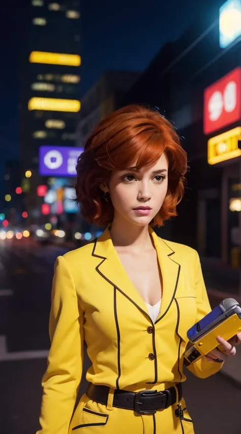 Unreal engine: 1.4, UHD, Best quality: 1.4, photorealistic: 1.4, skin texture: 1.4, masterpiece: 1.8, Cowboy shot, April ONeil waifu, 1980s (style), 1 woman, red hair, Short red hair, Orange hair, Serious expression, Worried expression, Retro art style, Sh...