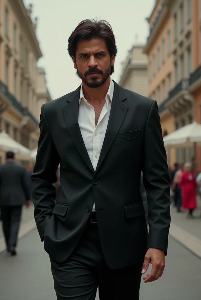 Long shot photography of a man like Shah rukh khan ,wearing a black suit,white shirt ,black pants