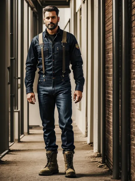 A man, in jeans, work boots tucked under pants, a jacket, realistically, standing upright, in black military boots, wears suspenders