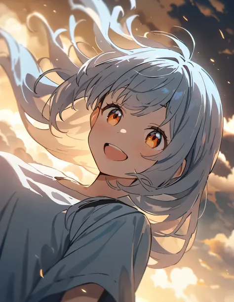 masterpiece, Highest quality, Movie stills, 1 Girl, Cloud Girl , Floating in the sky, close, bright, smile, Warm and soft lighting, Asahi, (spark:0.7)