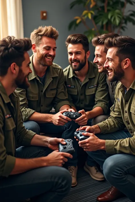 Male friends of different ages with Xbox controller in a circle drawing military clothing 