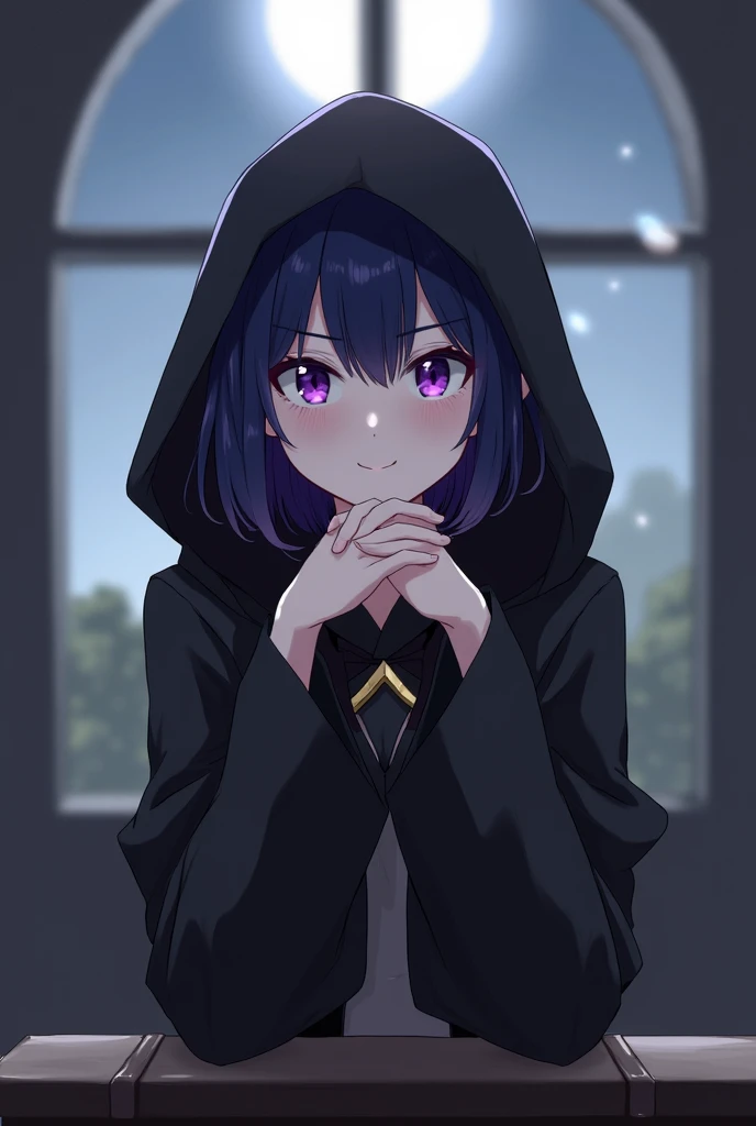 beautiful, girl, mystical, navy blue short hair, purple pupil, on desk, medieval fantasy, 
black hooded, black robe, moonlight, in front of the window, 
serious mood, rest ones chin on ones clasped hands, staring straight ahead, sharp eyes, smiling confide...