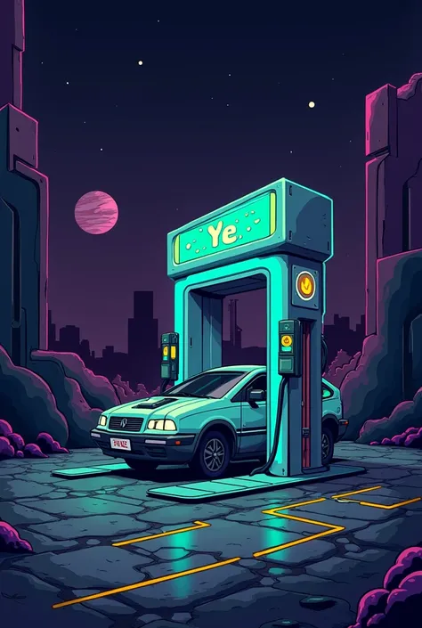 Generate image: "A pixel art illustration of a retro-style EV charging station with a colorful 8-bit aesthetic." In dark cartoon themes 