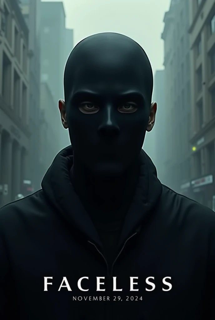  Illustration of the poster for the premiere of the movie “Faceless” ( in the foreground is a portrait of a man wearing a black mask, that completely covers the entire face,  in the background something in gray ,  shades of blue and black ). The release da...