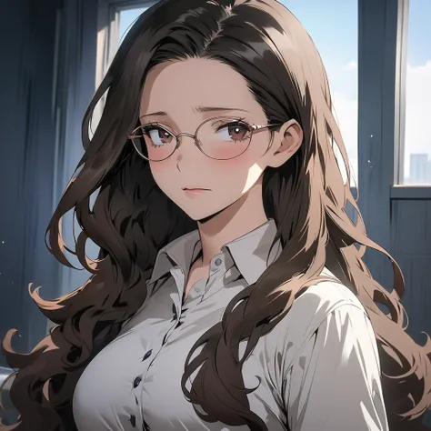 1 female, mature lady, ((sad expression)) , very long wavy dark-brown hair, long eyelashes, brown eyes, large breasts, eyeglasses, white buttoned shirt, (in a dorm room), (half-body image:1.3), masterpiece, ultra HD, anime style, (my hero academia art styl...