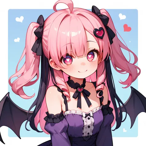 1girl, gothic lolita, loli, exting, eyes half-closed, blush, two side up, drill hair, pink hair, black hair, multicolored hair, purple dress, bare shoulder, small breasts, heart hair ornaments, ahoge,  heart shaped pupils, smile, devil wings, Cold-Shoulder...