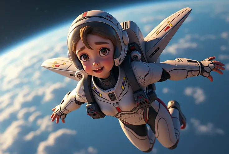 A scene where a fighter jet-themed humanoid girl carries the boy on her back as they fly toward space. 4K quality, in the style of a 2020s animated movie. The girl is wearing armor resembling a fighter jet, with large wing parts extending as they soar thro...