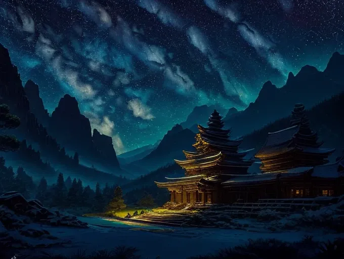 high quality, masterpiece, best detail, 8k, valley, pine forest, wild river, night sky, snowy mountains, ancient temple illuminated by bonfires