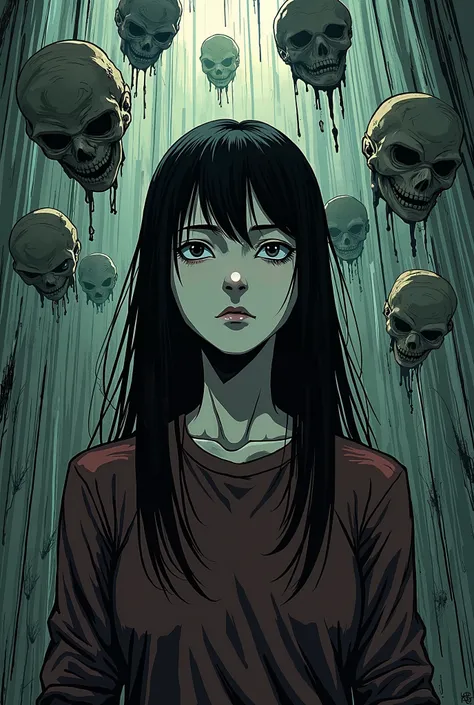 surreal horror, anime style, directed by Junji Ito, high contrast, dead colors, eerie atmosphere, psychological tension, intricate line work, decapitated heads, creppy woman with black eyes