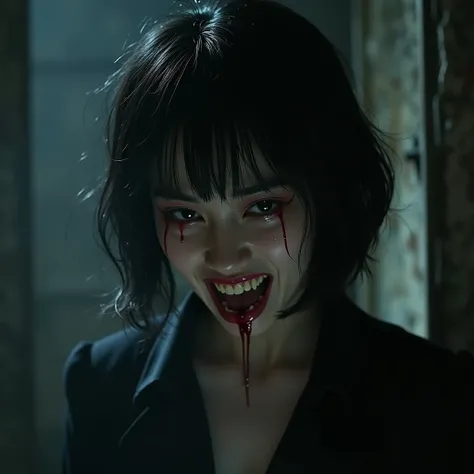 a woman, black short hair, vampire suit, in the abandoned church, face close up, cry blood, bleeding mouth, angry face, vampire tooth, low light, realistic, asian