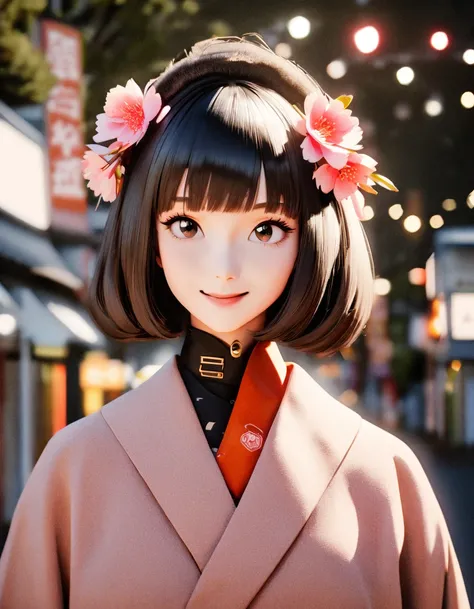 retro photography, 1960s , AGFA, Kodak, 1girl,  portrait, looking_at_viewer,  smile,  japan, tokyo, cherry blossom,  octane render,  solo, rtrophto1