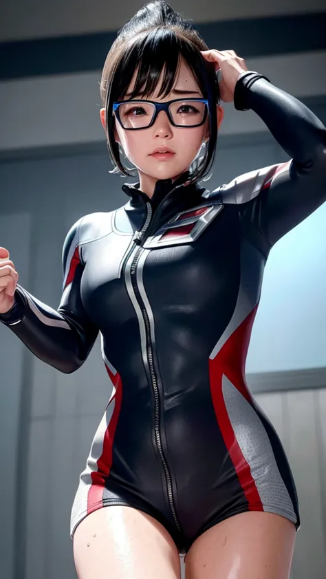 best quality　8k ultraman 　wetsuit　kindergarten girl　sweaty face　cute　  short hair on the nose 　  boyish 　  steam is coming out o...