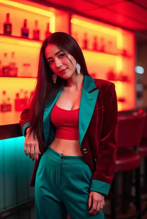 An 80s-inspired photoshoot in a retro bar glowing with orange and teal neon lights. The Thai woman model stands confidently by the bar, wearing a vivid red velvet blazer with cyan satin lapels, paired with emerald green tailored trousers. Her accessories i...