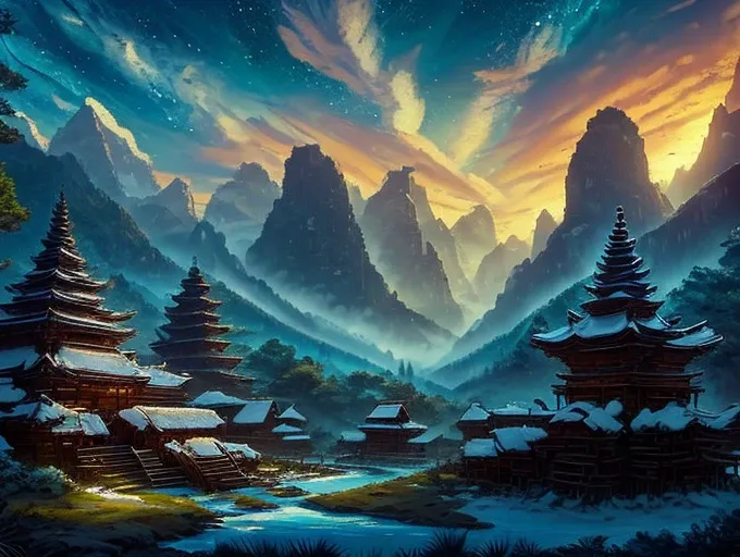 high quality, masterpiece, best detail, 8k, valley, pine forest, wild river, morning sky, snowy mountains, ancient temple illuminated by bonfires, people doing their daily routine