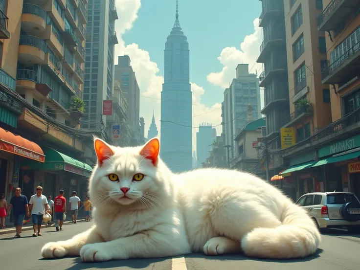 A view towers in bangkok, townspeople, cars, traffic have a smaller proportion., A white persian Cat laying with bigger features than all of the above. 