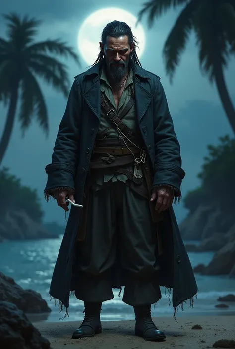  You could create the image of a dark pirate with cold eyes looking like sleepless nights ,His hair tied up his shoulder at 41 years old wearing pirate uniforms on an island at night and smoking a cigarette with a cold face without showing feelings.