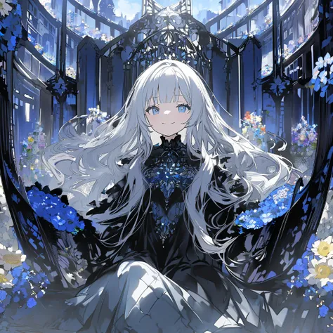  girl　witch　 black robe　witchの帽子　 silvery long hair　Sitting and smiling　 watching here　 and I can see my whole body　blue sky　Flower Field　city　 otherworldly　