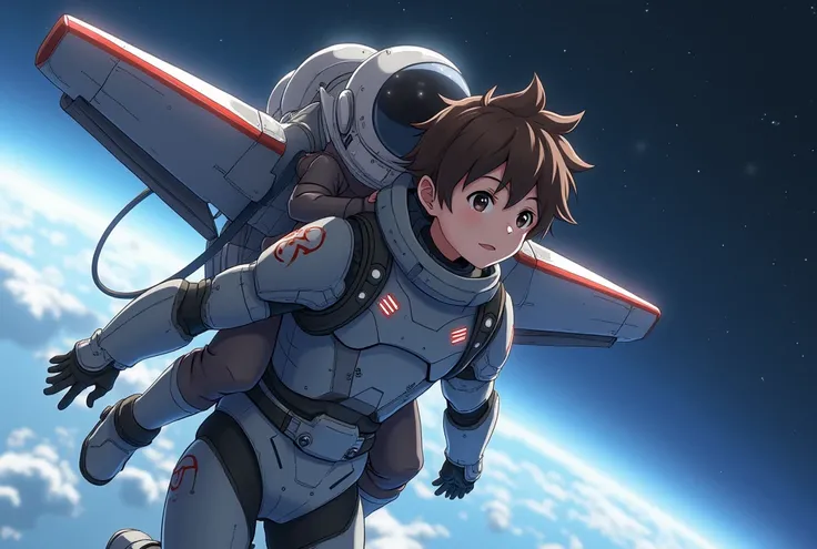 A scene where a fighter jet-themed humanoid girl carries the boy on her back as they fly toward space. 4K quality, in the style of a 2020s Japanese animated movie. The girl wears armor resembling a fighter jet, with large wing parts extending as they soar ...