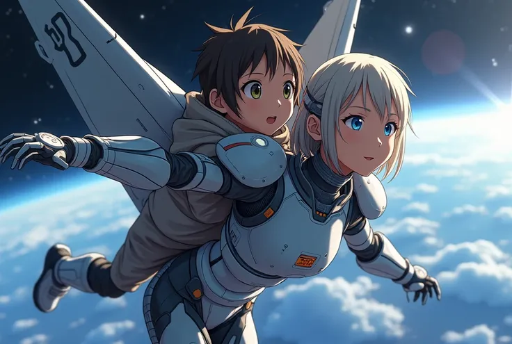 A scene where a fighter jet-themed humanoid girl carries the boy on her back as they fly toward space. 4K quality, in the style of a 2020s Japanese animated movie. The girl wears armor resembling a fighter jet, with large wing parts extending as they soar ...