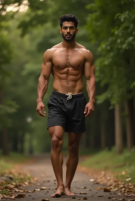 Hrithikroshan, muscular shirtless man doing calisthenics in park, shorts, realistic lighting, photorealistic, 8k, highres, masterpiece, hyper detailed, cinematic, dramatic shadows, warm lighting, strong facial features, chiseled physique, rugged outdoor se...