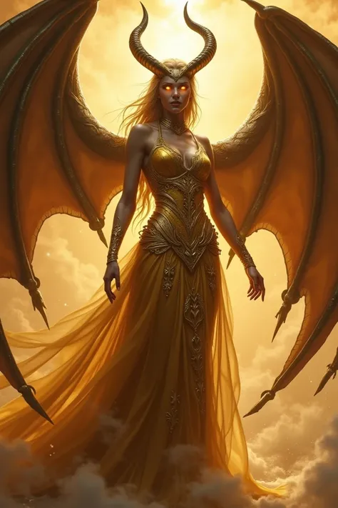 Make me a beautiful powerful demon woman with a golden dress with wings and cruel horns