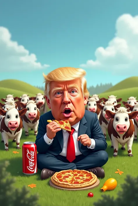 Give me Trump cartoon photo. Eating pizza and drinking Coca Cola at the field. and then many little cows are around him