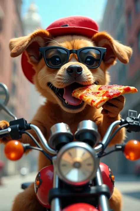 A picture of a dog eating pizza, riding a motorcycle and wearing an eyeliner, a red hat and sunglasses