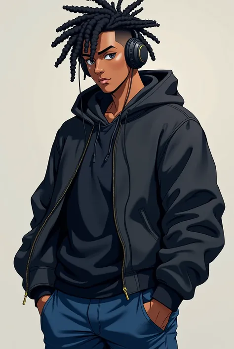 Anime black guy with dreadlocks wearing headphones, focused and confident, wearing black and blue colors