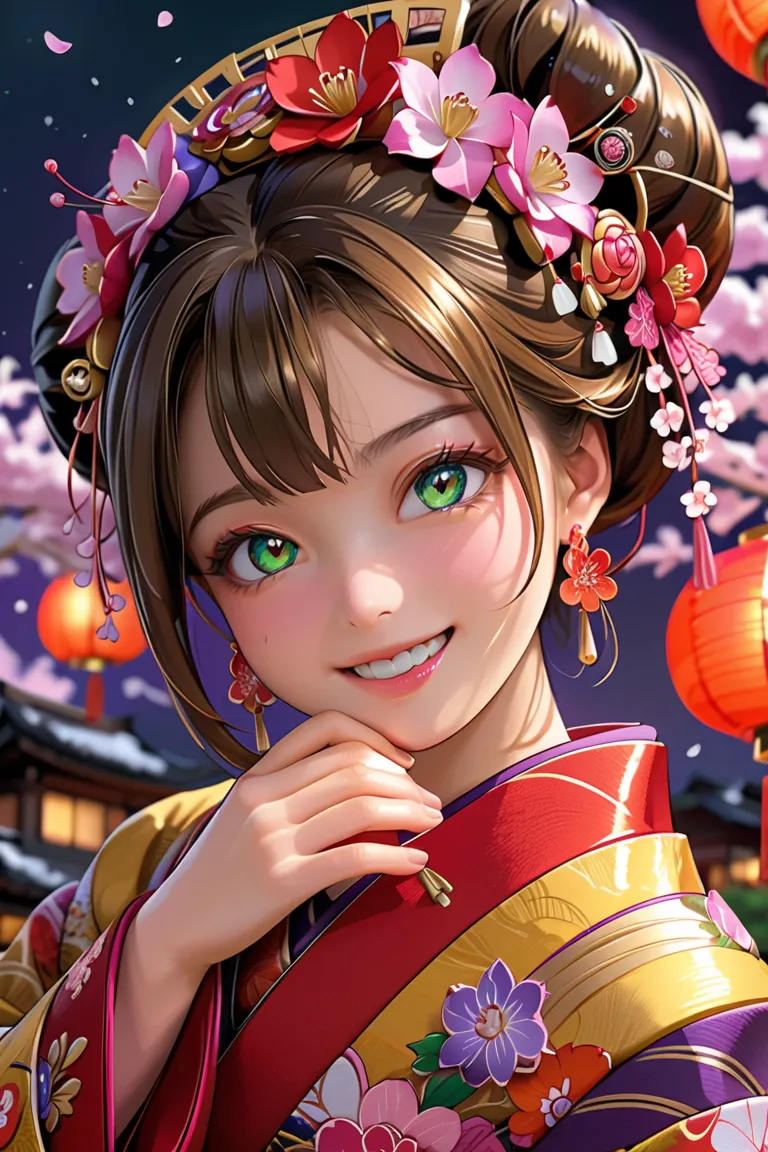 close up, euphoric Smile, A vibrant and real-style depiction of an Edo-period oiran,  fingering, close eyes, embarrassed, orgasm, open mouth, masturbation, featuring a youthful and elegant woman with large expressive eyes and a confident, alluring smile. S...