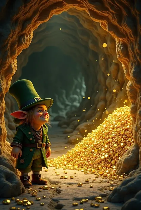  the interior of the cave is a shining place,  full of piles of gold and shiny jewels . To one side,  a guardian goblin appears in front of the  ,  with a serious but wise appearance . The leprechaun is small ,  with rustic clothing and a penetrating look ...