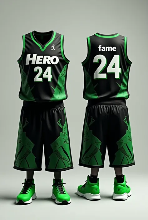  Generate a basketball uniform with a combination of colors black and green , On the front side it will say HERO as the name of the team ,  with the number 24 and on the back it will say  "Fame" Also with the number 24 , Also give it some white designs so ...