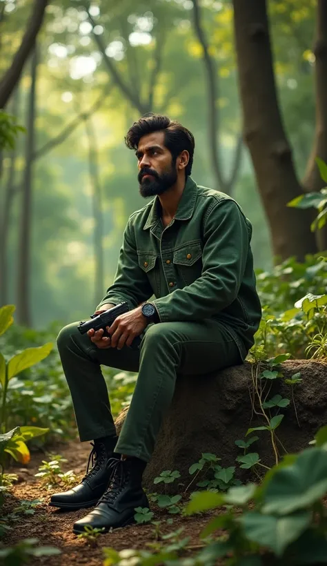 The image shows a indian man sitting on a rock in a forest. He is wearing a green denim jacket and has a beard and mustache. He has a serious expression on his face and is holding a gun in his right hand. The background is filled with trees and foliage, an...