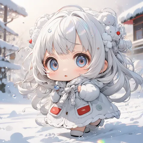 Ultra-realistic Hayao Miyazaki style, Simple line acronym abstract art, Kawaii design,  The most beautiful girl ever, (((Chibi))), Playing in the snow, 