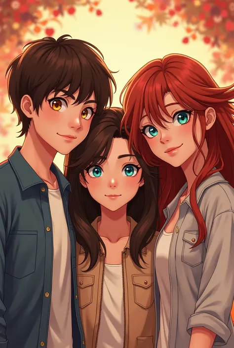  The cover of my book love and friendship . With the three protagonists ,  the 3 are young people  ,  Alonso has short brown hair and brown eyes ,  amber has long dark hair and yellow eyes and Stefani has long reddish hair and sky blue eyes.