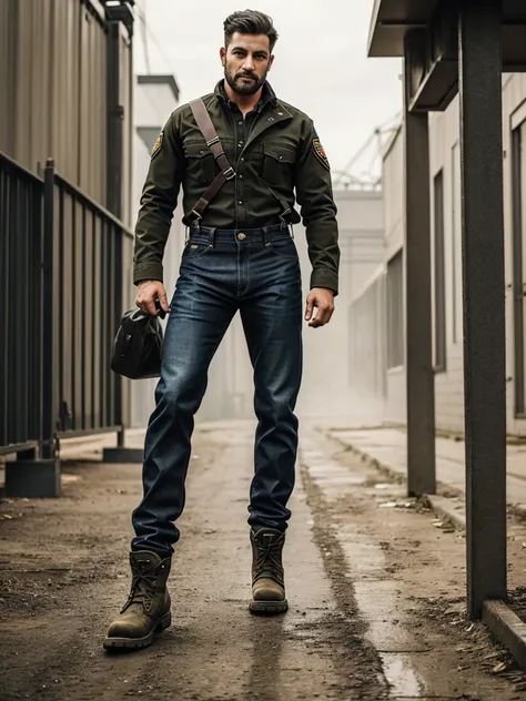 A man, in jeans, work boots Tucked into pants , a jacket, realistically, standing upright, in black military boots, wears suspenders